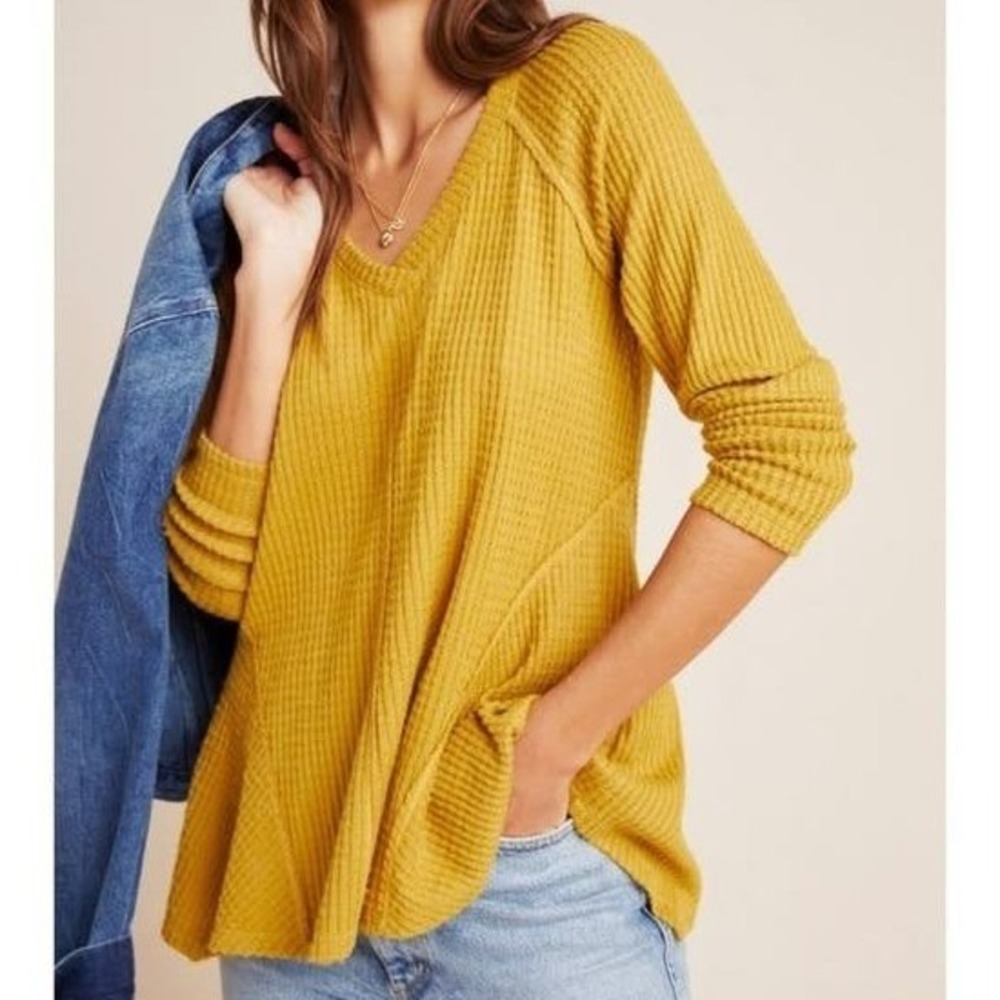 Maeve Anthropologie Harley Thermal Top Womens Medium Yellow Waffle Knit Shirt